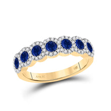  14k Yellow Gold Womens Round Blue Sapphire Diamond Band Ring 1-1/4 Cttw