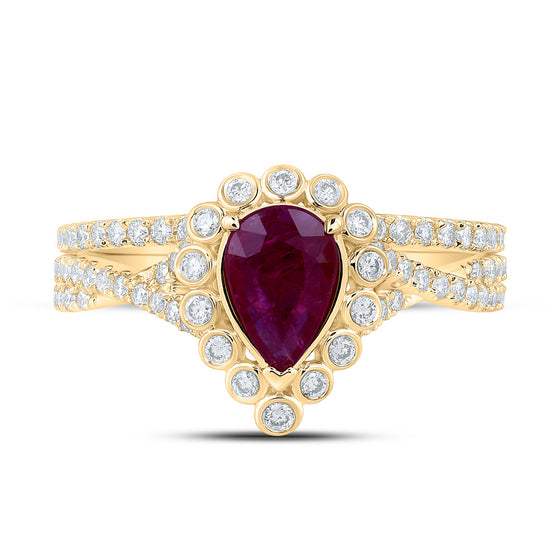14k Yellow Gold Pear Ruby Solitaire Bridal Wedding Ring Band Set 1-7/8 Cttw