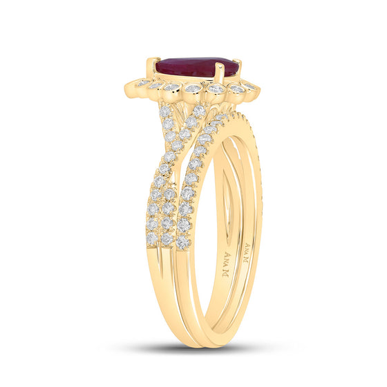 14k Yellow Gold Pear Ruby Solitaire Bridal Wedding Ring Band Set 1-7/8 Cttw