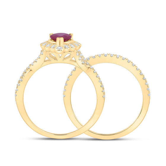 14k Yellow Gold Pear Ruby Solitaire Bridal Wedding Ring Band Set 1-7/8 Cttw