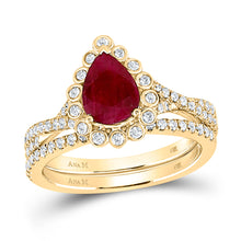  14k Yellow Gold Pear Ruby Solitaire Bridal Wedding Ring Band Set 1-7/8 Cttw