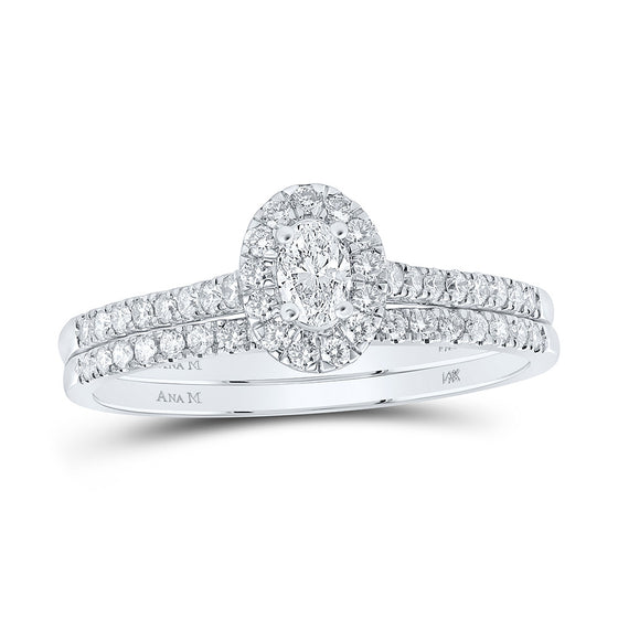 14k White Gold Oval Diamond Bridal Wedding Ring Band Set 3/4 Cttw