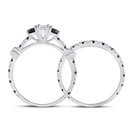 14k White Gold Round Diamond 3-Stone Bridal Wedding Ring Band Set 1 Cttw