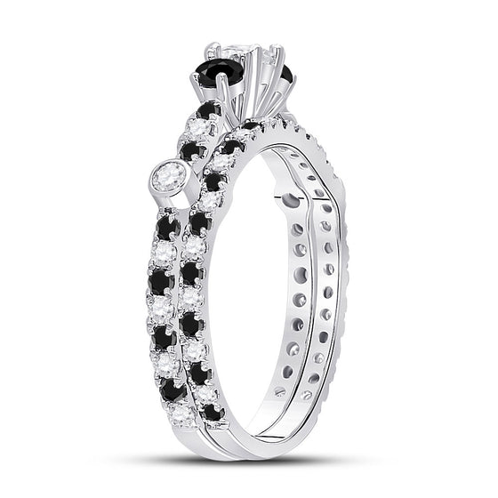 14k White Gold Round Diamond 3-Stone Bridal Wedding Ring Band Set 1 Cttw