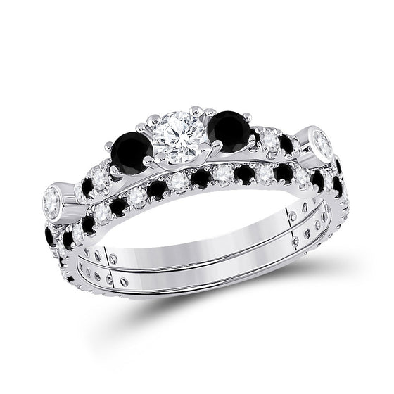14k White Gold Round Diamond 3-Stone Bridal Wedding Ring Band Set 1 Cttw