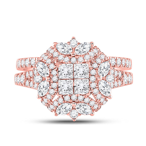 14k Rose Gold Princess Marquise Diamond Bridal Wedding Ring Band Set 1-3/4 Cttw