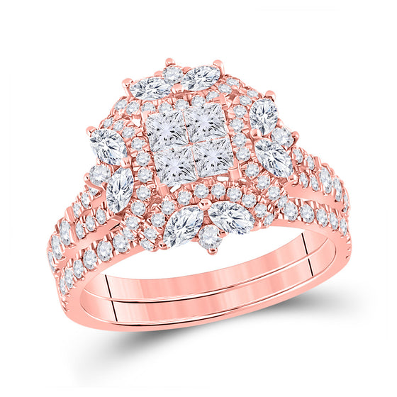14k Rose Gold Princess Marquise Diamond Bridal Wedding Ring Band Set 1-3/4 Cttw