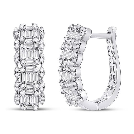 14k White Gold Womens Baguette Diamond Fashion Hoop Earrings 1-1/5 Cttw
