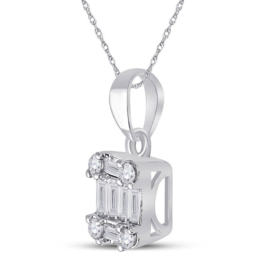 14k White Gold Womens Baguette Diamond Fashion Cluster Pendant 1/5 Cttw