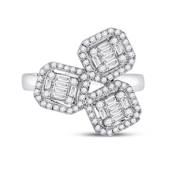 14k White Gold Womens Baguette Diamond Triple Square Cluster Ring 5/8 Cttw