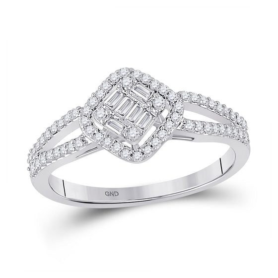 14k White Gold Womens Baguette Diamond Offset Square Cluster Ring 3/8 Cttw