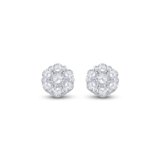 10k White Gold Womens Round Diamond Flower Cluster Earrings 1/10 Cttw