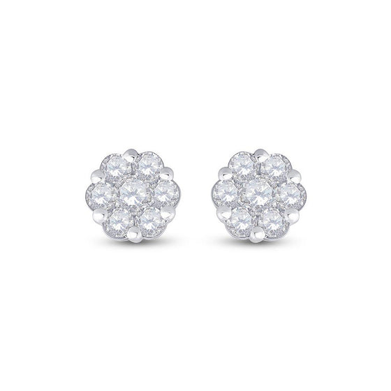14k White Gold Womens Round Diamond Flower Cluster Earrings 1-1/5 Cttw