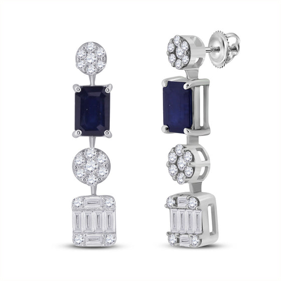 14k White Gold Womens Emerald Blue Sapphire Diamond Dangle Earrings 2 Cttw
