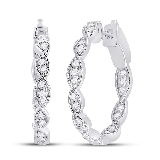 14k White Gold Womens Round Diamond Fashion Hoop Earrings 1/4 Cttw