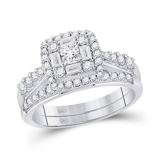 14k White Gold Princess Diamond Bridal Wedding Ring Band Set 1 Cttw