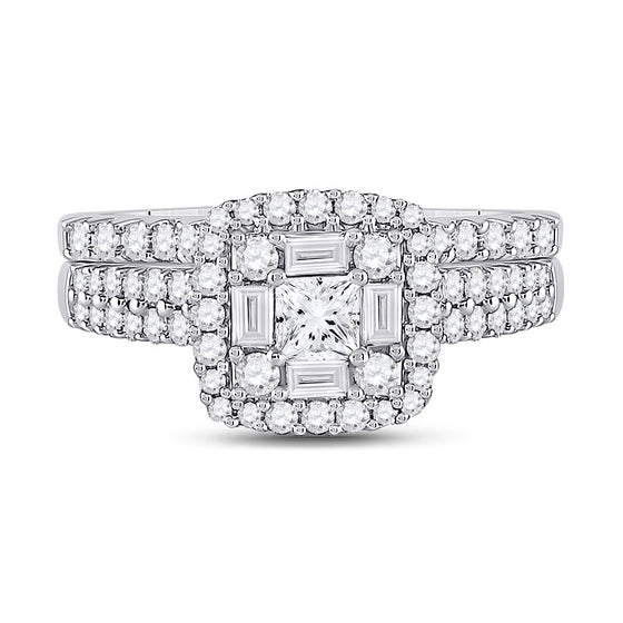 14k White Gold Princess Diamond Square Bridal Wedding Ring Band Set 1 Cttw