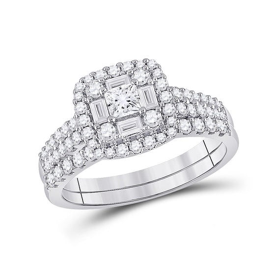14k White Gold Princess Diamond Square Bridal Wedding Ring Band Set 1 Cttw