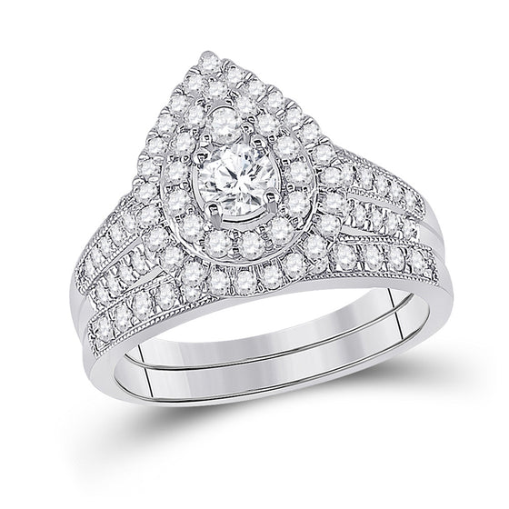10k White Gold Round Diamond Pear Bridal Wedding Ring Band Set 1 Cttw