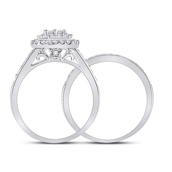 14k White Gold Round Diamond Bridal Wedding Ring Band Set 1 Cttw