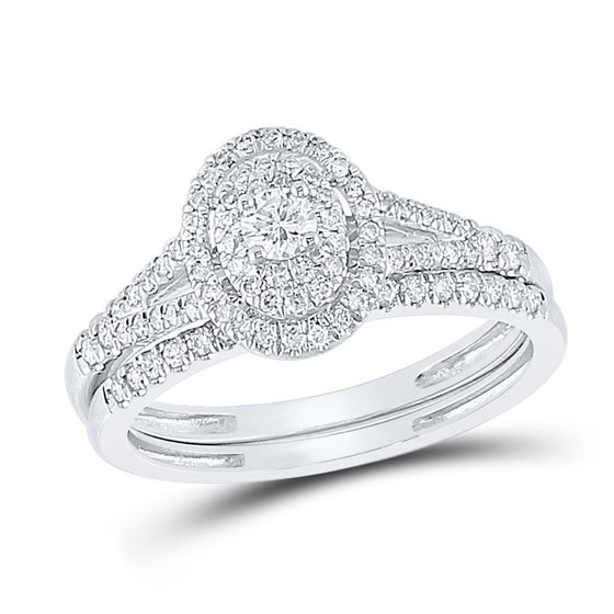 10k White Gold Round Diamond Oval Bridal Wedding Ring Band Set 1/2 Cttw