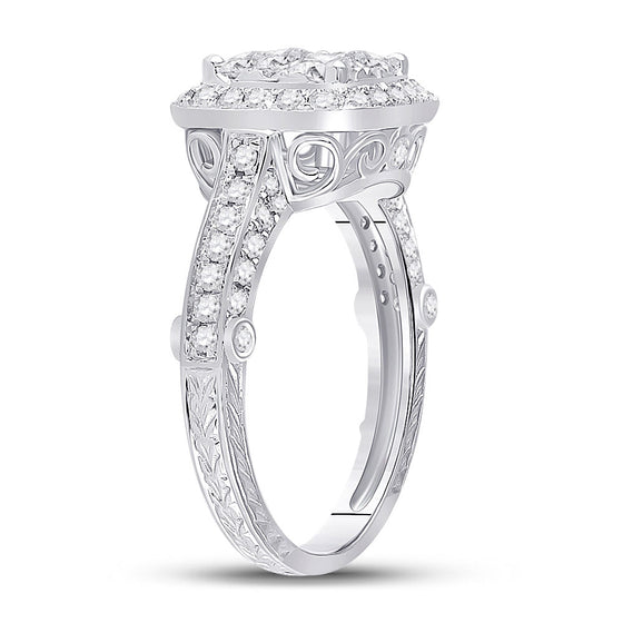 14k White Gold Round Diamond Cluster Bridal Wedding Engagement Ring 1-1/4 Cttw