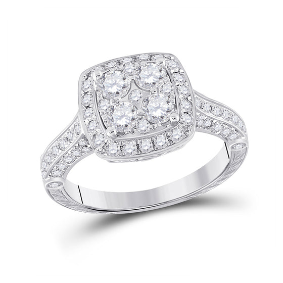 14k White Gold Round Diamond Cluster Bridal Wedding Engagement Ring 1-1/4 Cttw