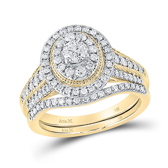 14k Yellow Gold Round Diamond Halo Bridal Wedding Ring Band Set 1 Cttw