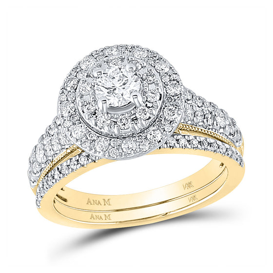 14k Yellow Gold Round Diamond Halo Bridal Wedding Ring Band Set 1 Cttw
