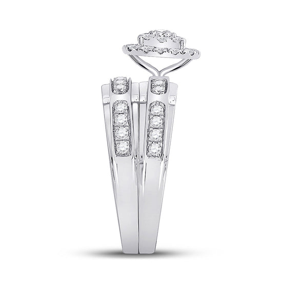 10k White Gold His Hers Round Diamond Halo Matching Wedding Set 1-1/5 Cttw