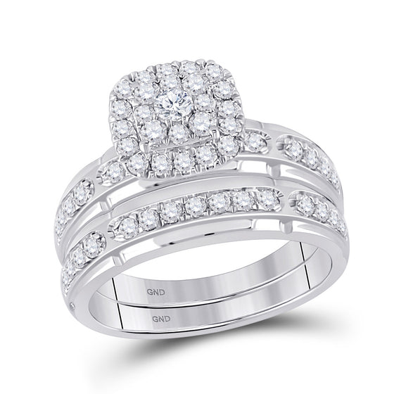10k White Gold His Hers Round Diamond Halo Matching Wedding Set 1-1/5 Cttw