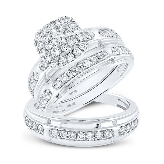 10k White Gold His Hers Round Diamond Halo Matching Wedding Set 1-1/5 Cttw