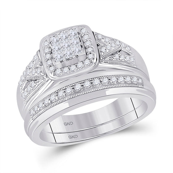 10k White Gold His Hers Round Diamond Square Matching Wedding Set 3/4 Cttw