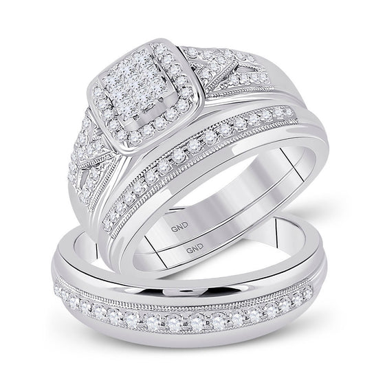 10k White Gold His Hers Round Diamond Square Matching Wedding Set 3/4 Cttw