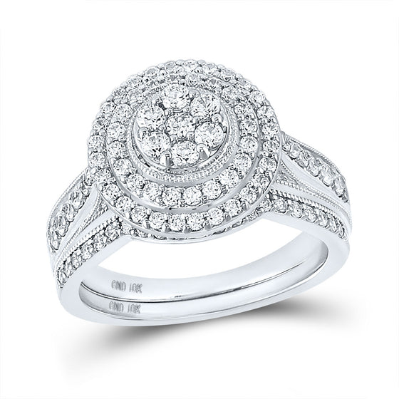 10k White Gold His Hers Round Diamond Cluster Matching Wedding Set 1-1/4 Cttw
