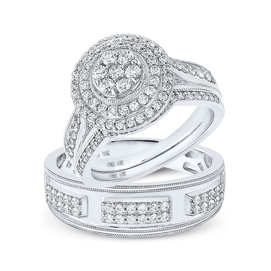 10k White Gold His Hers Round Diamond Cluster Matching Wedding Set 1-1/4 Cttw
