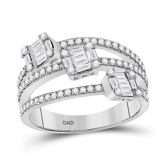 14k White Gold Womens Baguette Diamond Triple Cluster Fashion Ring 3/4 Cttw