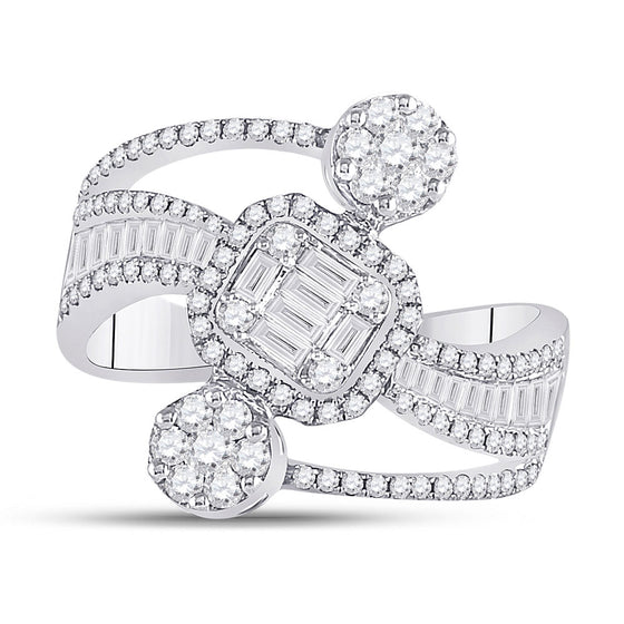 14k White Gold Womens Baguette Diamond Flower Cluster Ring 1 Cttw