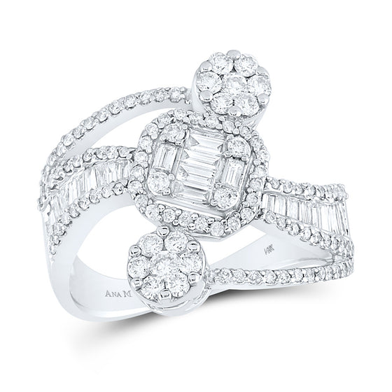 14k White Gold Womens Baguette Diamond Flower Cluster Ring 1 Cttw