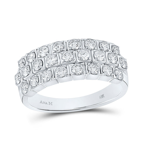 14k White Gold Womens Round Diamond 3-Row Anniversary Ring 1 Cttw