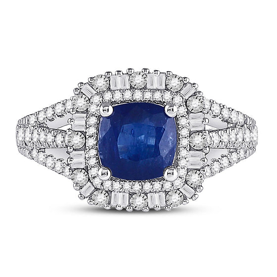 14k White Gold Womens Cushion Blue Sapphire Diamond Halo Ring 2 Cttw