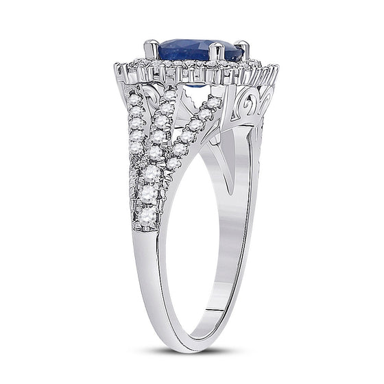 14k White Gold Womens Cushion Blue Sapphire Diamond Halo Ring 2 Cttw