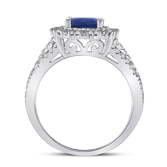 14k White Gold Womens Cushion Blue Sapphire Diamond Halo Ring 2 Cttw