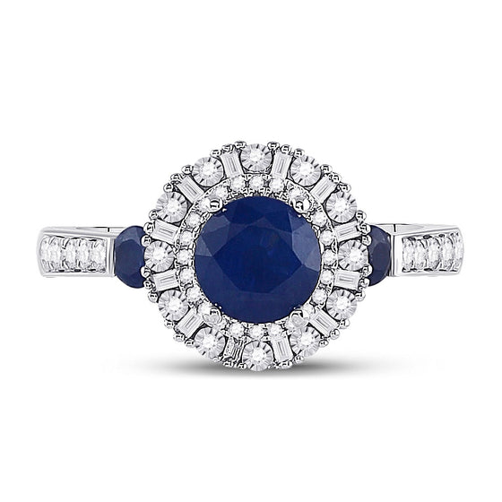 14k White Gold Womens Round Blue Sapphire Diamond Halo Ring 1-3/4 Cttw
