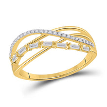 14k Yellow Gold Womens Baguette Round Diamond Crossover Band Ring 1/4 Cttw