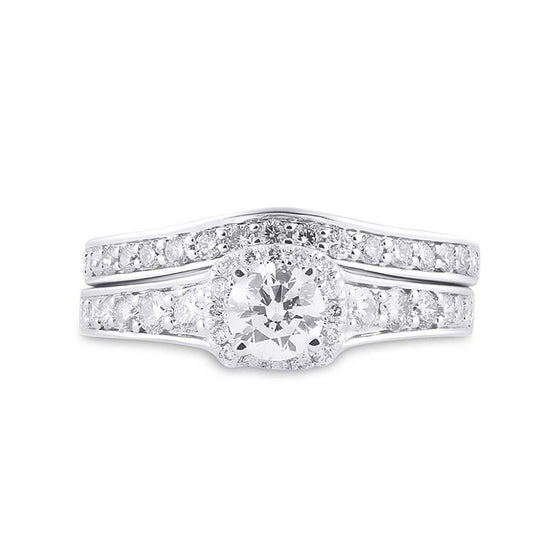 14k White Gold Round Diamond Halo Bridal Wedding Ring Band Set 1-1/4 Cttw