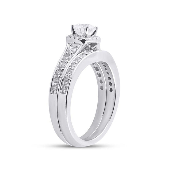 14k White Gold Round Diamond Halo Bridal Wedding Ring Band Set 1-1/4 Cttw