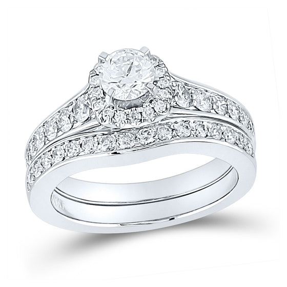 14k White Gold Round Diamond Halo Bridal Wedding Ring Band Set 1-1/4 Cttw