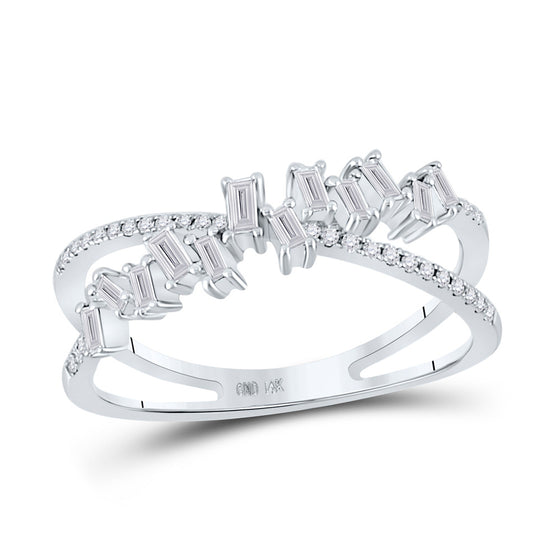 14k White Gold Womens Baguette Diamond Crossover Scattered Band Ring 1/3 Cttw
