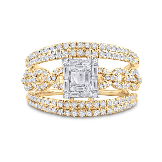 14k Yellow Gold Womens Baguette Diamond Cluster Chain Link Ring 7/8 Cttw